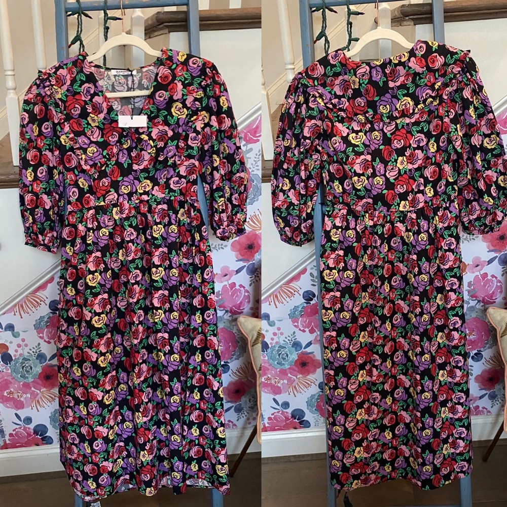 Urban Outfitters “Glamorous” Multicolor Vintage Collar Rose Midi Dress